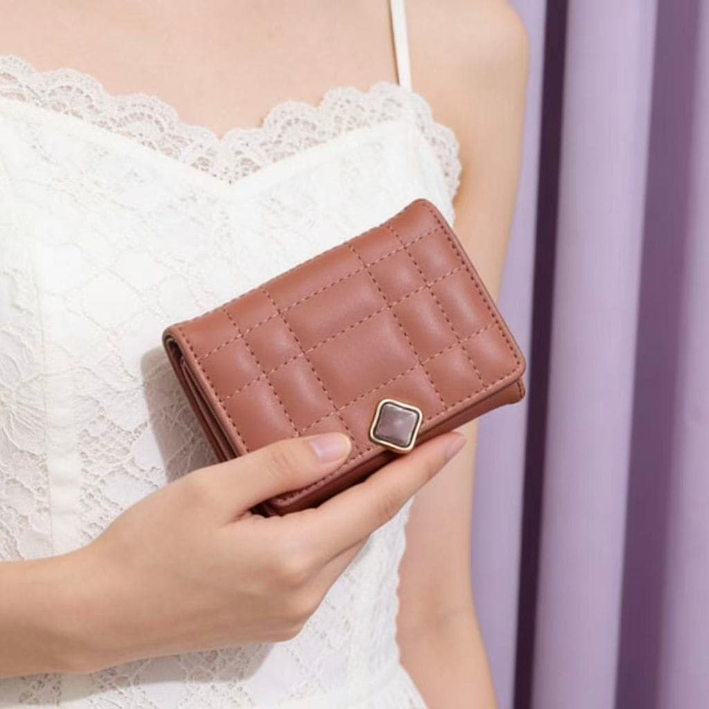 Carteira Curta Feminina Com Textura De Xadrez Cartões Com Vários Compartimentos E Moedas Dobrável Simples D464 VT