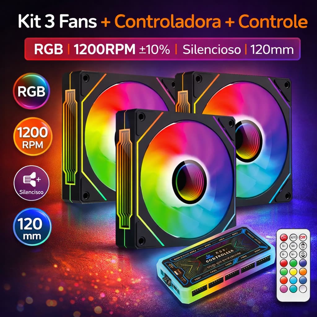 Kit 3-7 Fan Ventoinhas Controladora RGB Gamer 120mm AITEK DELTA C1263P Controle de Cores