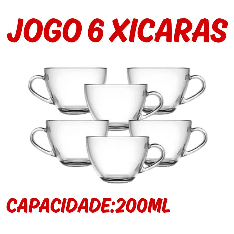 Jogo 6 Xicaras Modelo Veneza 200ML Vidro Transparente Chá Cafe Bebidas Louças Elegante