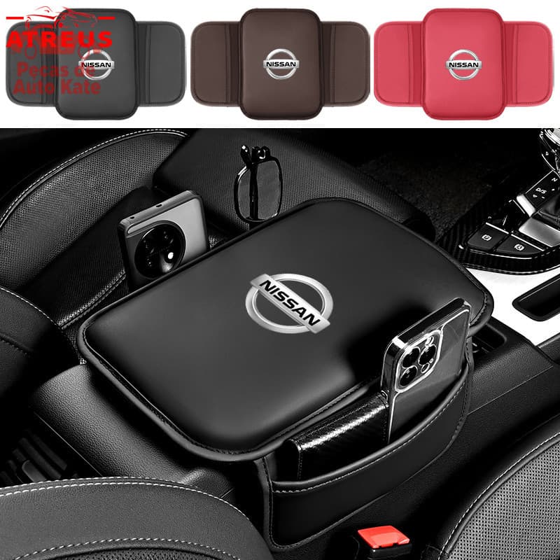 Almofada de apoio de braço em couro Nissan com bolsa organizadora para Kicks, Versa, Tiida, March, Sentra, Livina, GTR