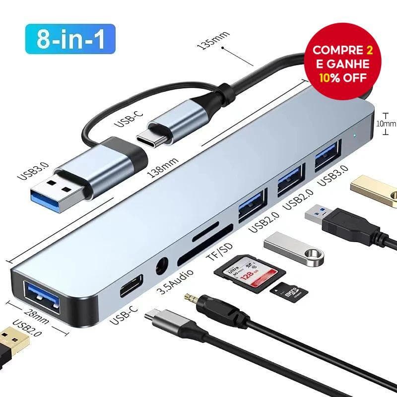  Hub 8 em 2 com Splitter, Leitor de Cartão TF/SD, Porta USB C, Estação de Ancoragem USB3.0 para Computadores, Tablets e