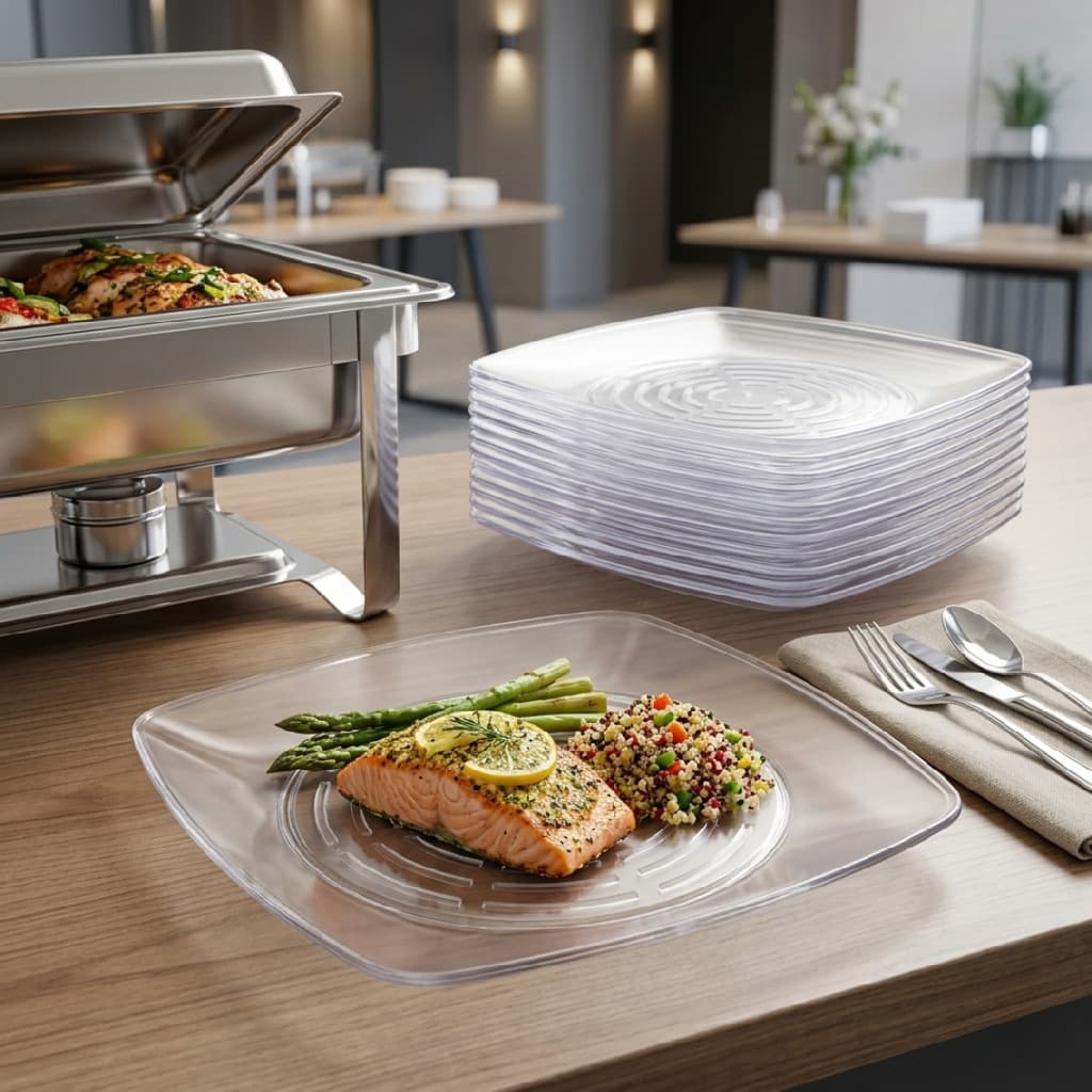 50 Prato Acrílico Quadrado Resistente Refeição 22cm Cristal