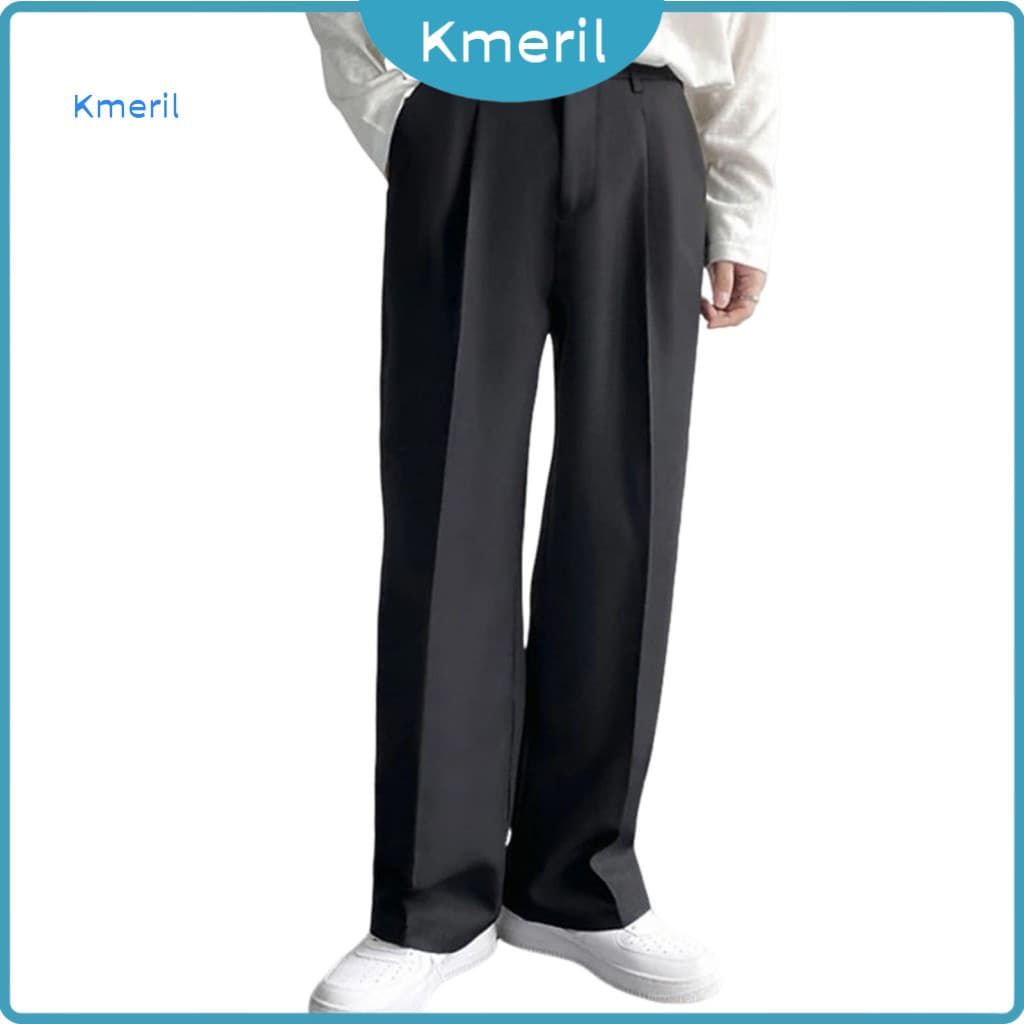 Calças Masculinas De Cor Sólida , Cintura Alta , Casual , Com Botão , Zíper , Bolsos Retos De Perna Larga – Conforto