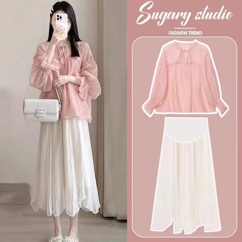 Vestido de maternidade terno elegante primavera camisa francesa Chiffon saia superior terno de duas peças 3.22