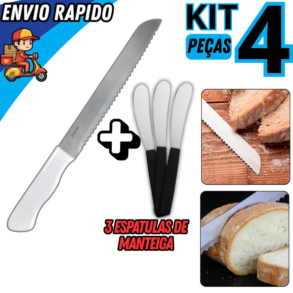 Kit Faca para Pão Nº 8 e 3 Espátulas de Inox para Manteiga Geleia e Mel