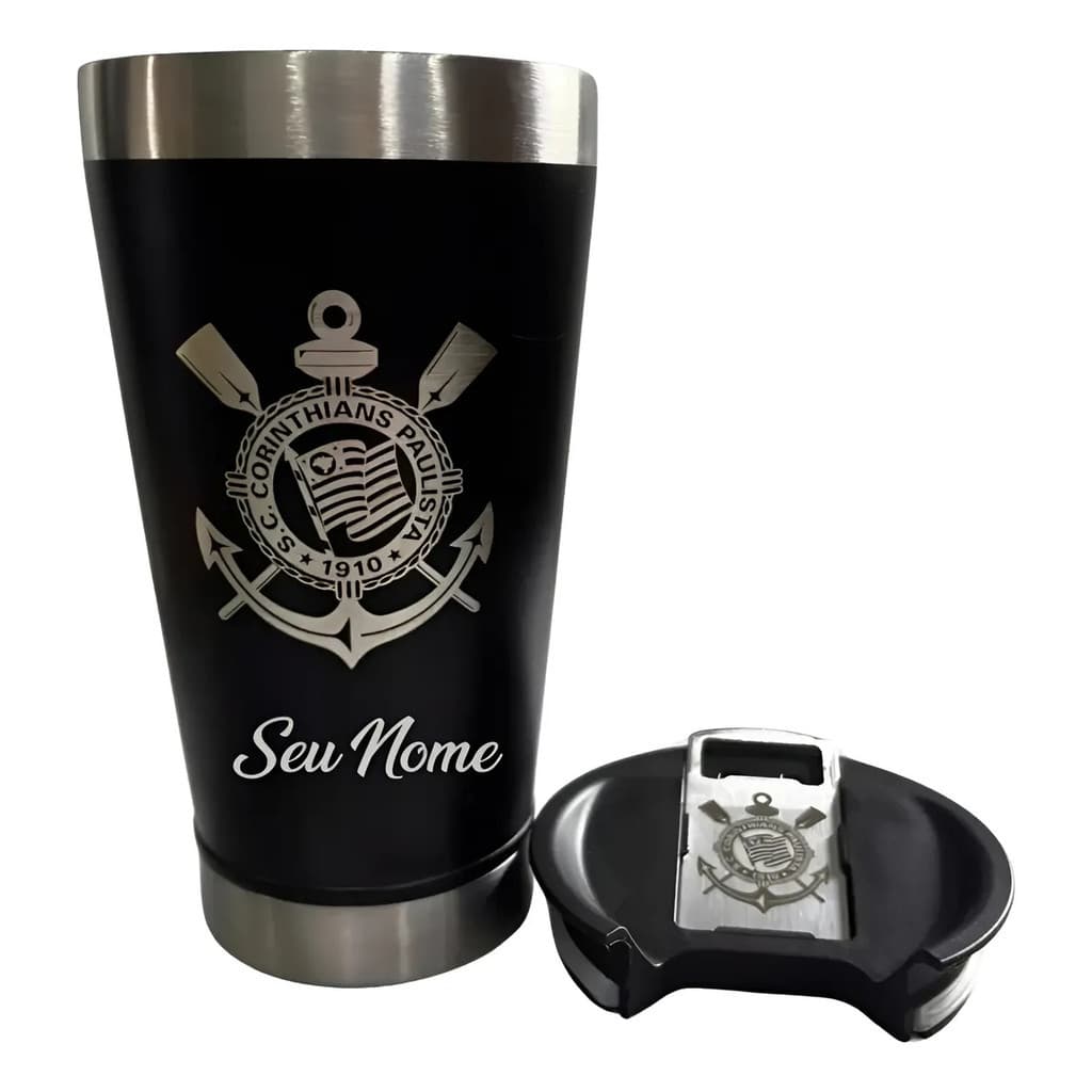 Copo Térmico Corinthians Personalizado a Laser Escudo no Abridor (Abridor c/ personalização)