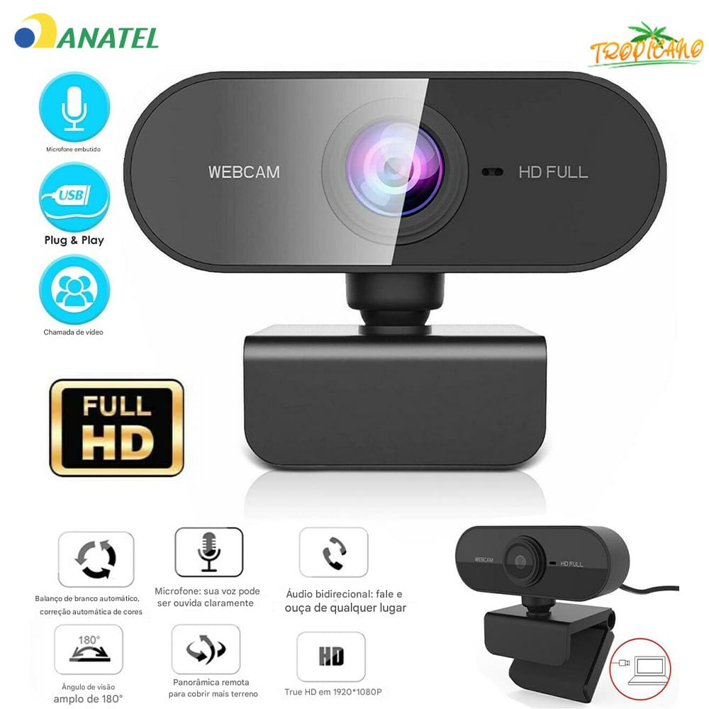 Câmera para Home Office Full HD 1080p com Microfone Rotação 360° Ajuste Livre Compatível com PC e Notebook