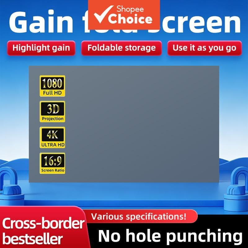  Tela de Projetor Portátil com Revestimento Antirreflexo - 60/72/84/100/120 polegadas para Casa, Escritório, Dormitório,