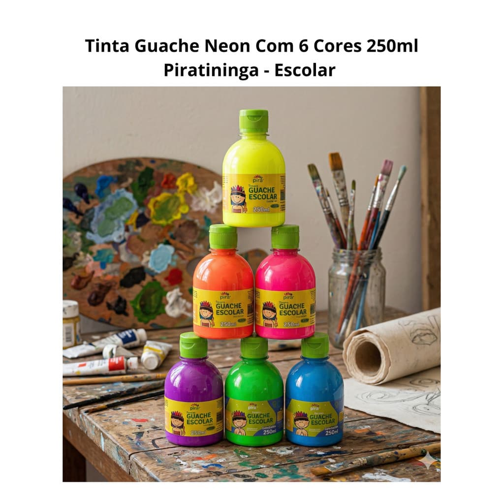 Tinta Guache Neon Escolar Piratininga 250ml - Kit com 6 Cores Vibrantes
