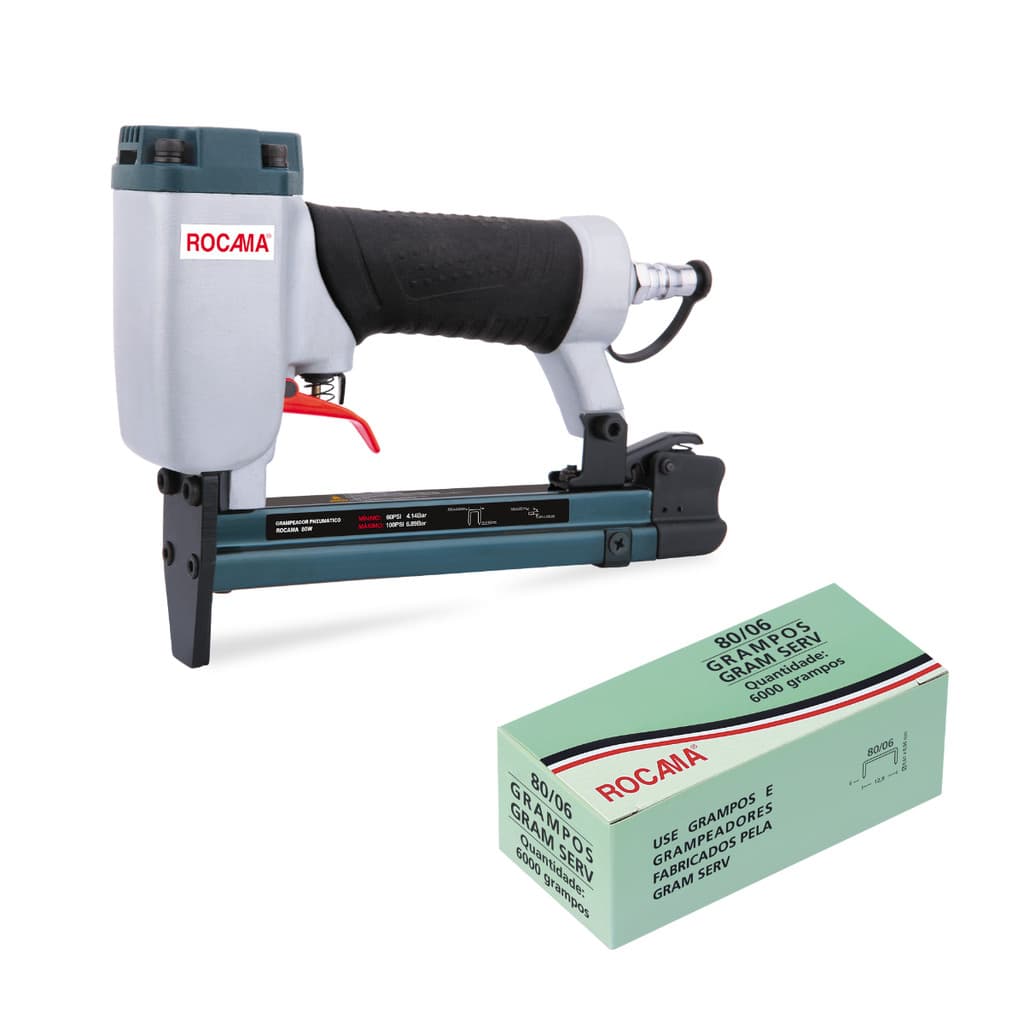Kit Grampeador Pneumático Rocama 80W + 6000 Grampos Galvanizado 80/06 Rocama