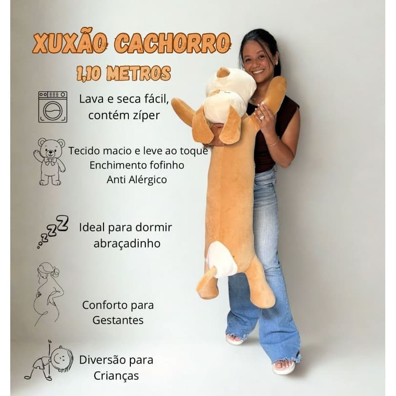 Xuxão Travesseiro de Corpo Cachorro 1,10m–Pelúcia para Crianças, Adultos e Gestantes, conforto, quarto, cama, decoração