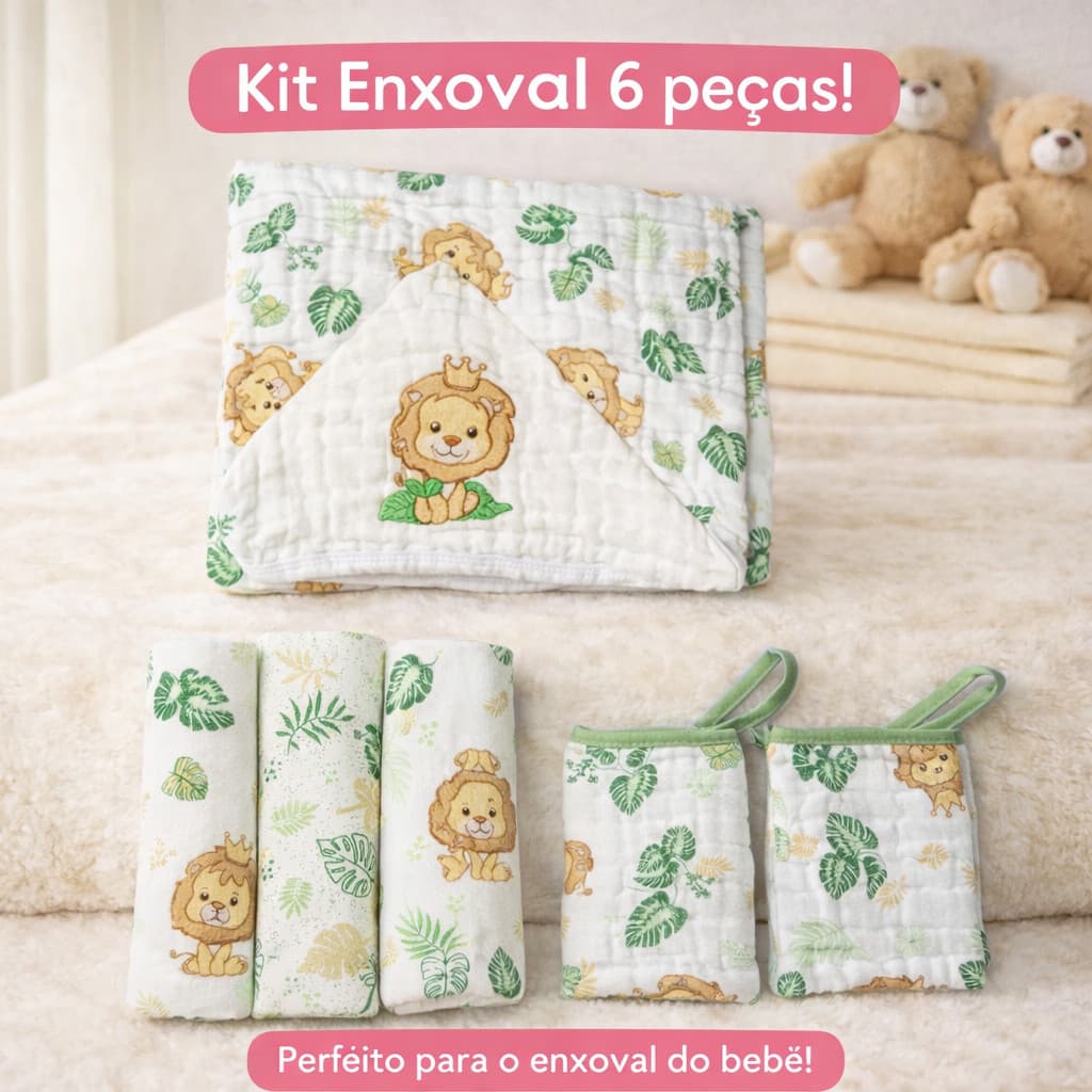 Toalha Bebê 85x85cm + Cueiro 80x80cm e Fraldas de Boca 100% Algodão Kit 6 Peças Envio Imediato