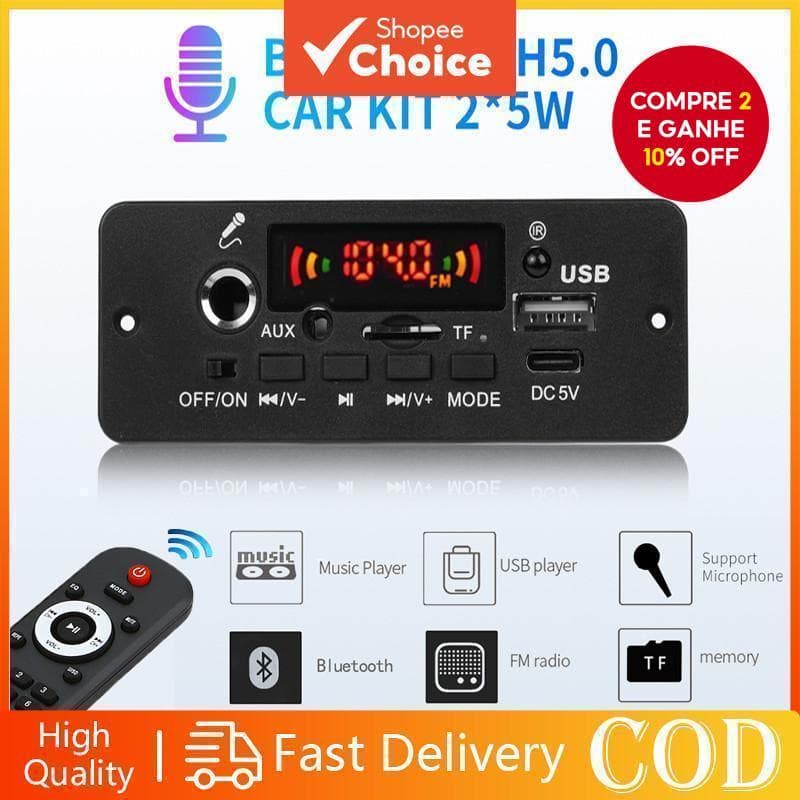  Placa Amplificadora Bluetooth MP3 10W – Módulo de Rádio FM para Carro com TF/USB, Chamada em Mãos Livres & Microfone,