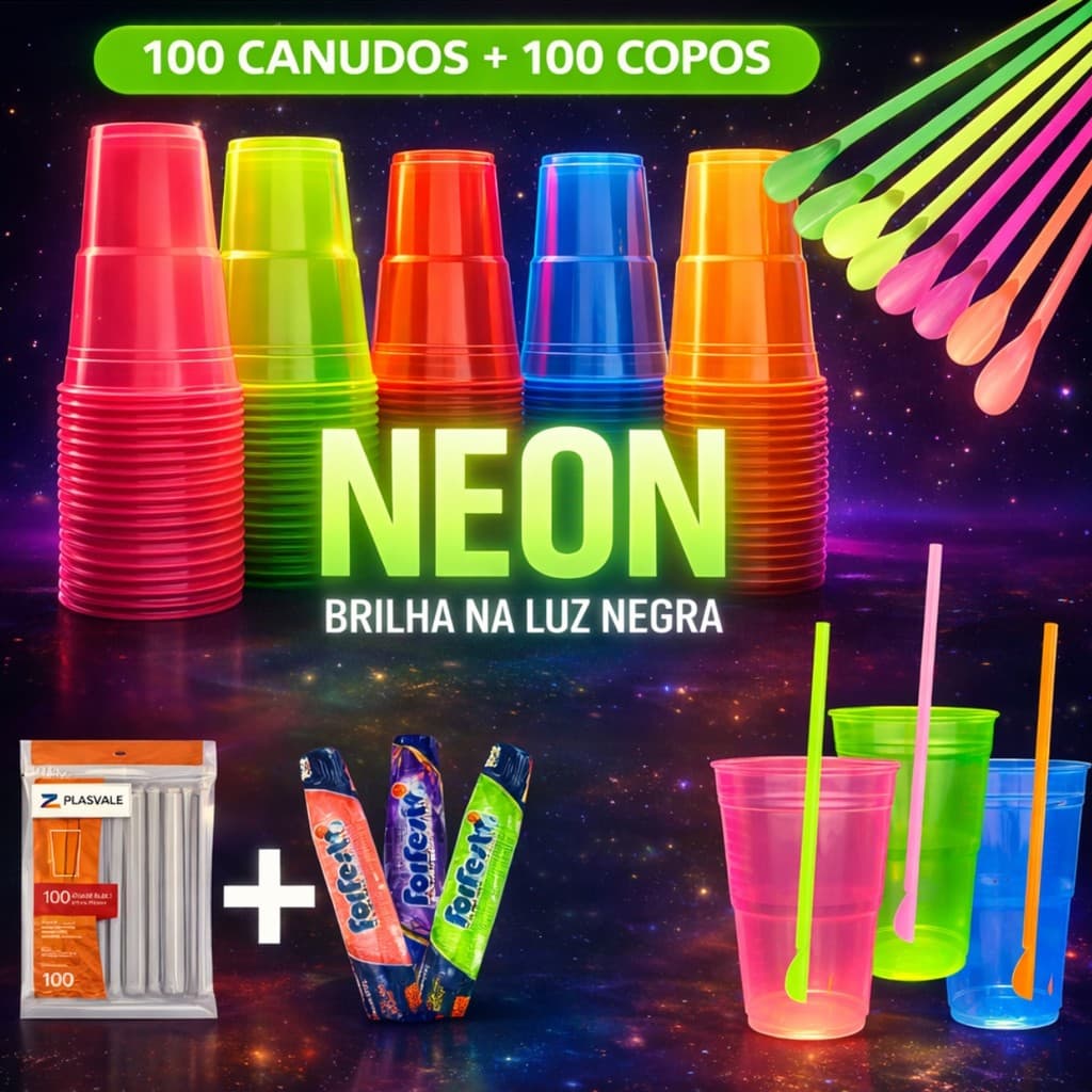 Kit 100 Copos Neon 300ml Premium + 100 Canudos Mexedor Descartáveis Para Festas Bebida Drinks Aniversário Brilha Escuro