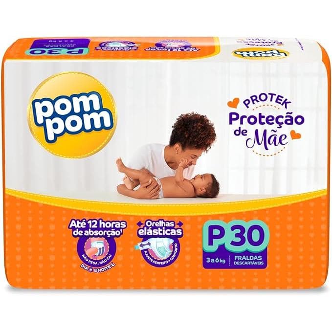 Fralda Pom Pom Protek Proteção de Mãe Jumbo P com 30 Unidades