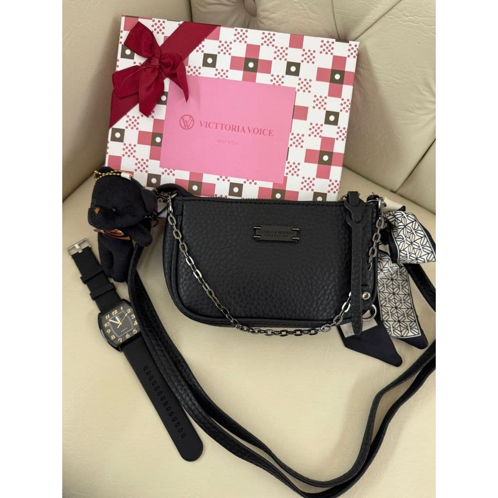 Kit Presente Bolsa Feminina Transversal Ombro Tiracolo + Relógio Original + Chaveiro Ursinho com Caixa Lindas