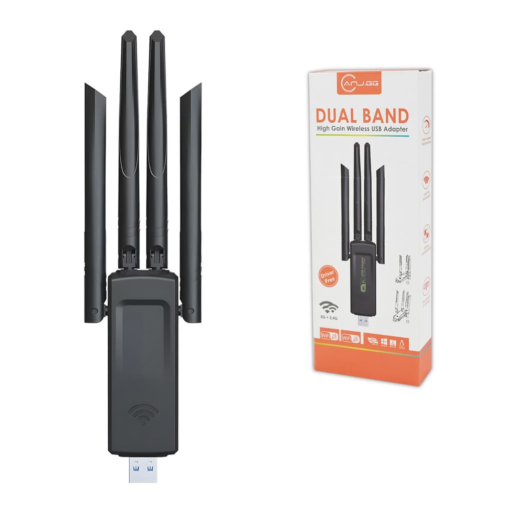 Adaptador WiFi USB Dual Band 2.4G 5G 1300Mbps 4 Antenas Alta Potência PC Notebook