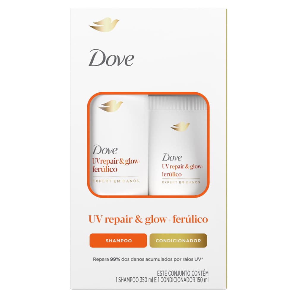 Kit Dove UV Repair e Glow Ferúlico Expert em Danos Shampoo 350ml e Condicionador 150ml