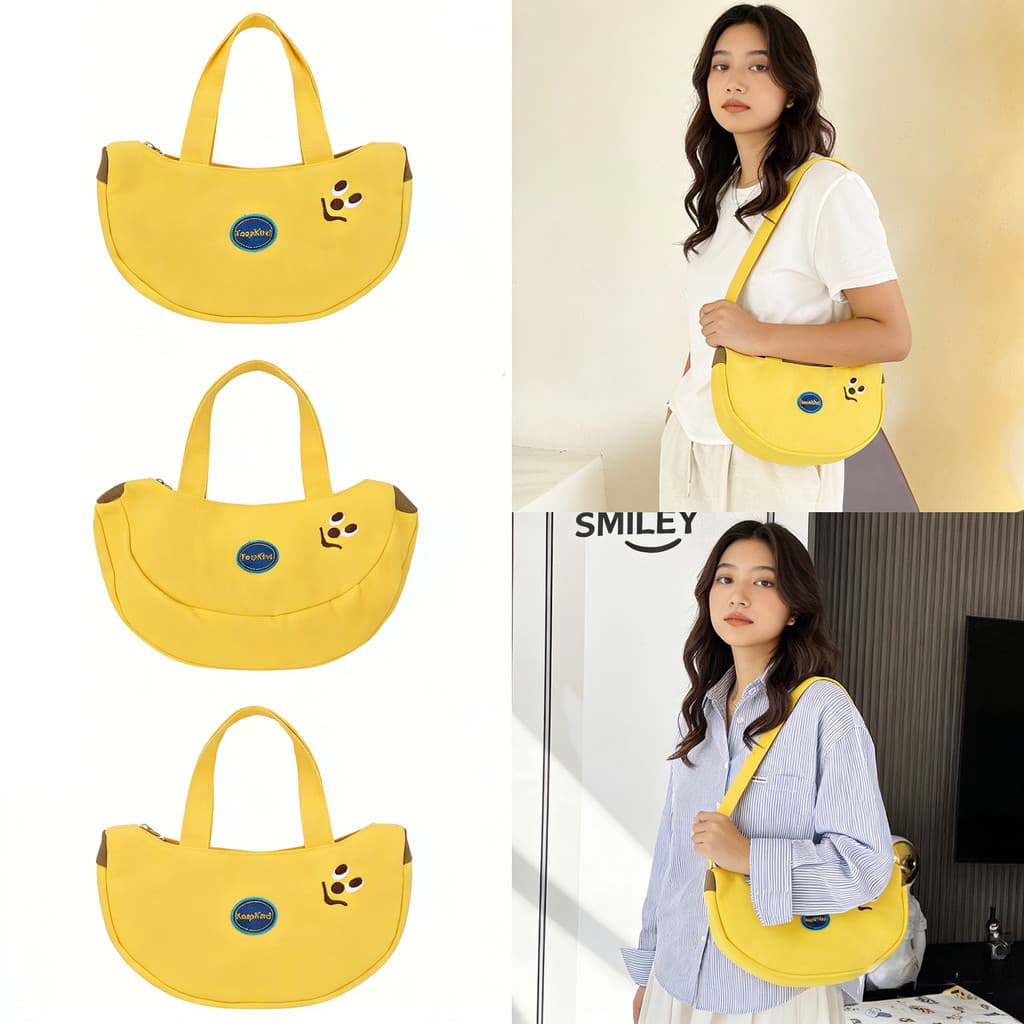 Bolsa De Ombro Em Formato De Banana Amarela Fofa Lona De Desenho Animado Para Mulheres Casual