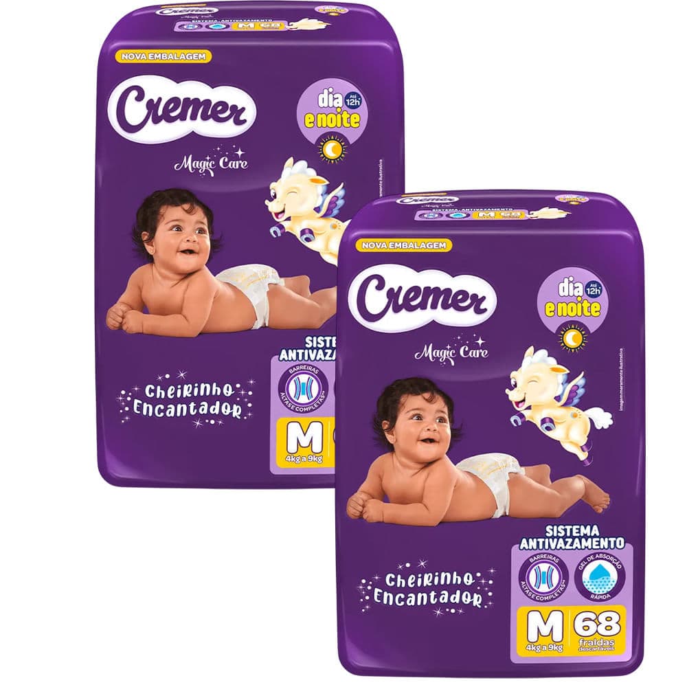 Kit 2 Fraldas Descartáveis Cremer Magic Care Hiper M 68 Tiras
