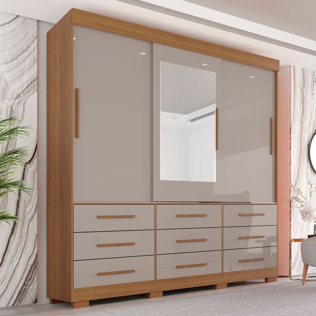 Guarda-roupa com Pés e Espelho Casal 3 Portas 9 Gavetas Luana Cinamomo/Off White