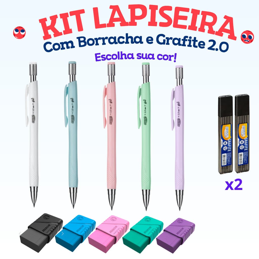 Lapiseira 2.0 com Grafite HB Kit Lapiseira 2,0mm + 12 Grafites Extras + Borracha