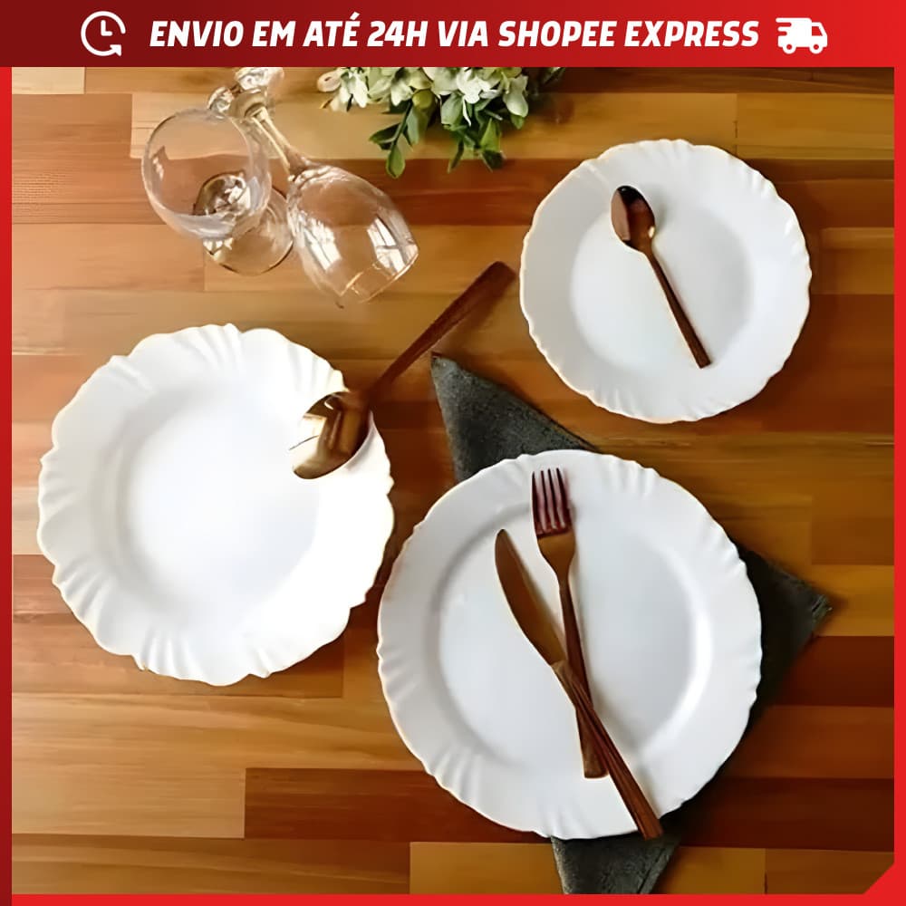 Jogo Kit 12/18/24 Pratos Fundo Raso Sobremesa Vidro Pétala Duralex Opaline Branco Jantar Almoço