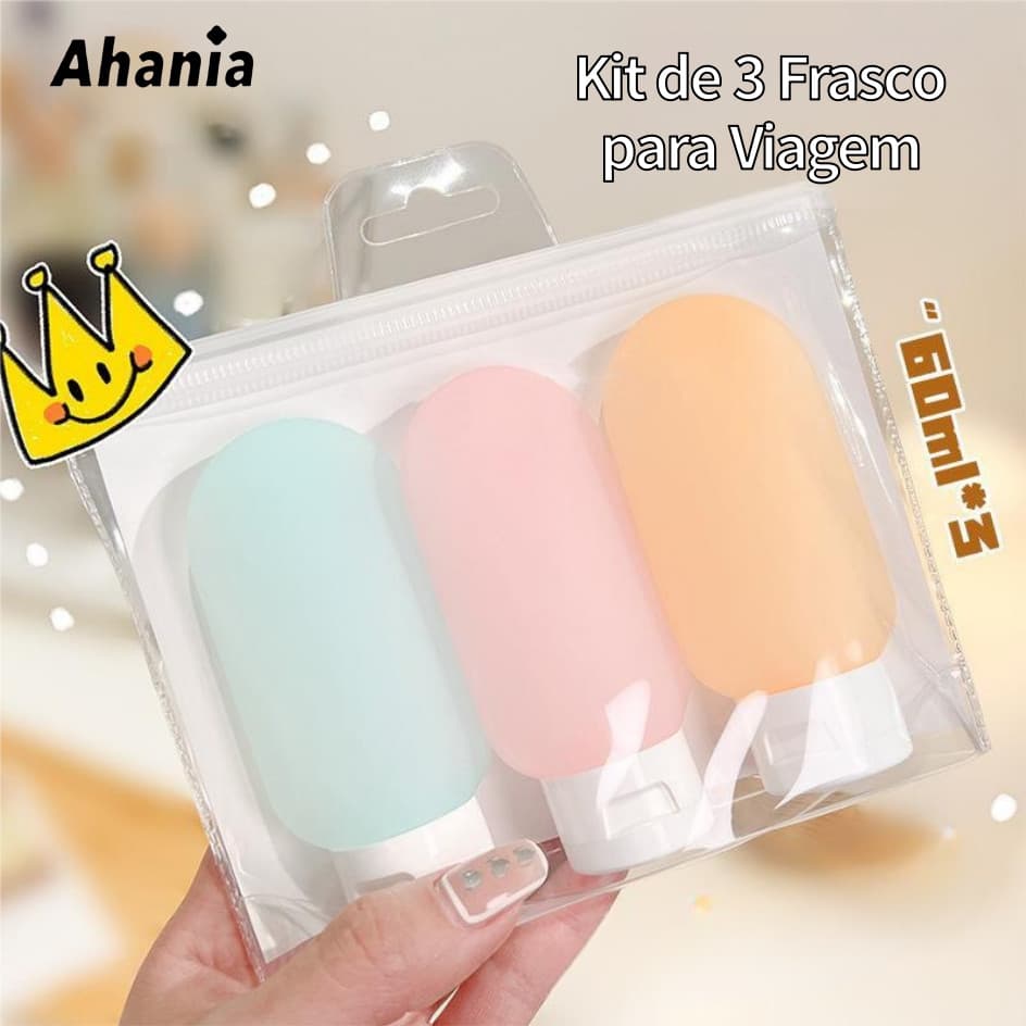 Kit 3 Frascos 60ml Com Recipientes, Porta Shampoo,  Portátil e Laváveis de Plástico para Shampoo, Cremes, Sabonete