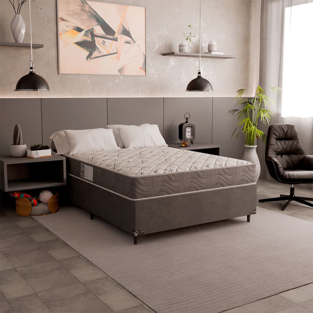 Cama Box Casal + Colchão D33 One Face - Suede Cinza