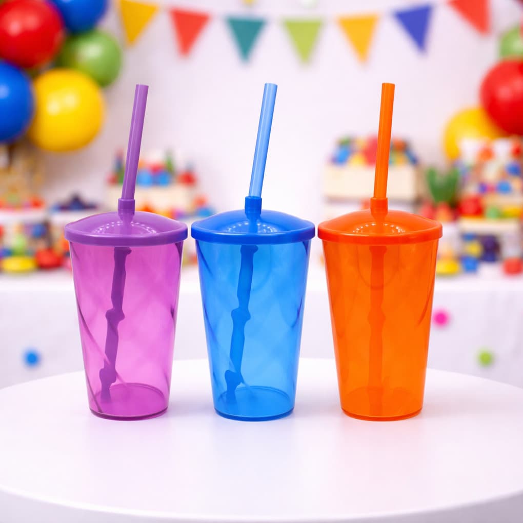 KIT 10 COPOS TWISTER 300ML ACRÍLICO LISO COM TAMPA E CANUDO FESTA ANIVERSÁRIO