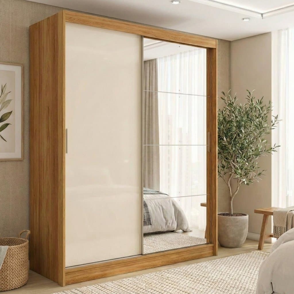 Guarda-roupa Solteiro com Espelho 2 Portas de Correr 4 Gavetas Cinamon/Off-White London Cinamon/Off White