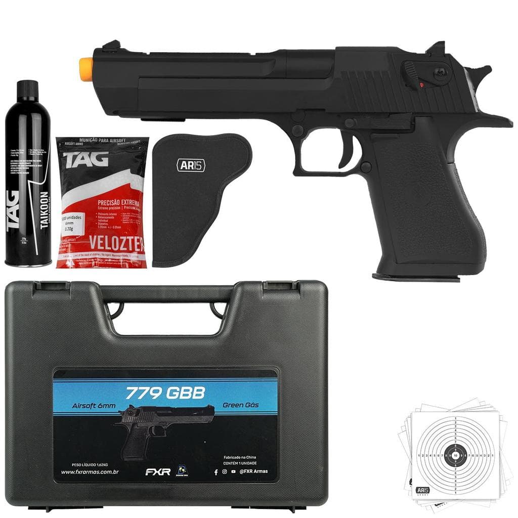 Kit Pistola Airsoft Desert Eagle GBB 345fps 6mm BBs Coldre