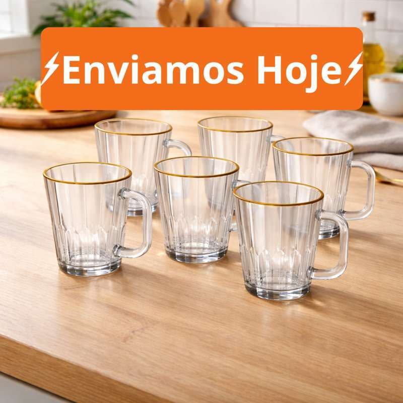 Xícaras De vidro transparente com Borda de Ouro 6 Unidades Cha e Café