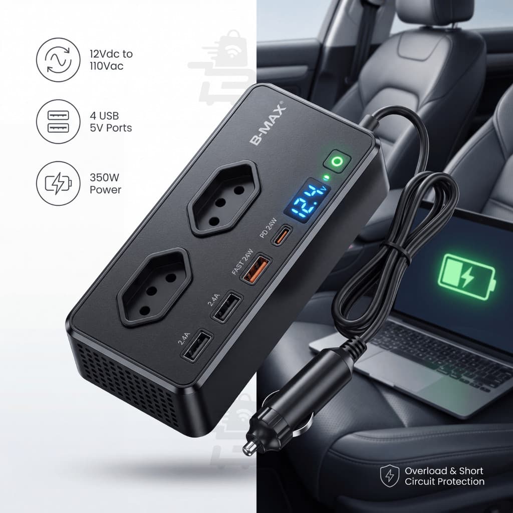 Inversor De Carro 350w 12v 110v Bmax 4 Portas Usb Conversor Energia Veicular Com Tomada Potente 12v