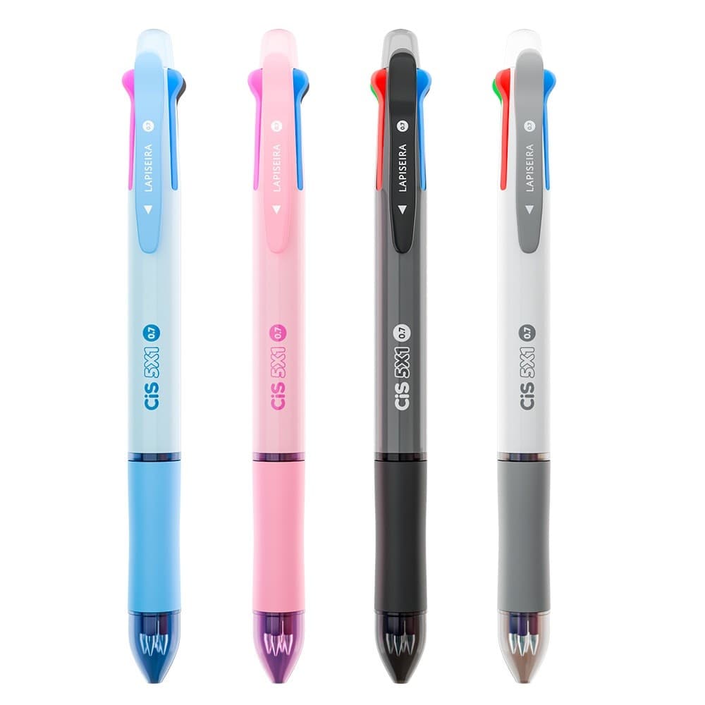 Caneta esferográfica 5 em 1 CIS 4 Caneta + 1 Lapiseira, Grip Emborrachado, Borracha no Topo