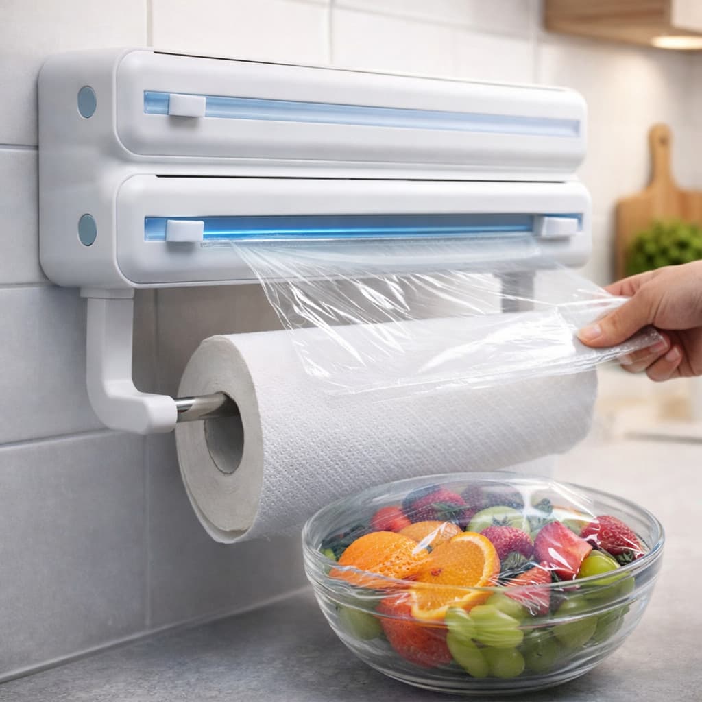 Suporte De Papel Toalha Alumínio Filme Para Cozinha 3 Em 1 Não Enrola Com Cortador