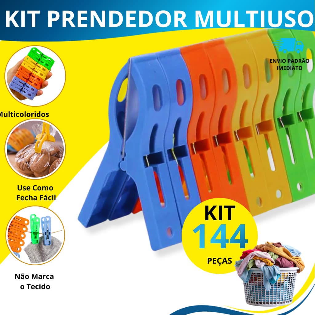 Kit 144 Prendedor De Roupa Colorido Multiuso Para Lavanderia Varal e Fecho De Alimentos