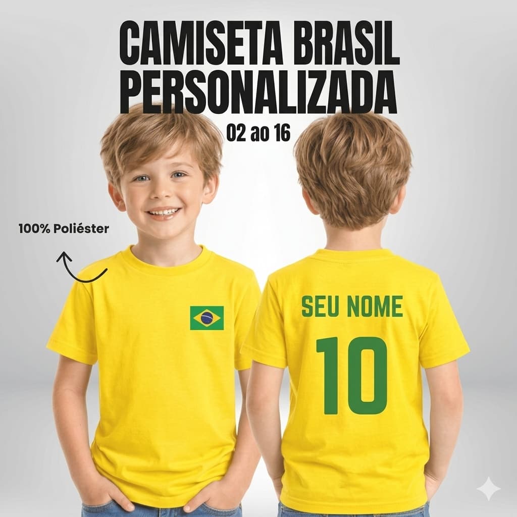 Camiseta Brasil Infantil Poliéster Personalizada Torcedor Brasileiro