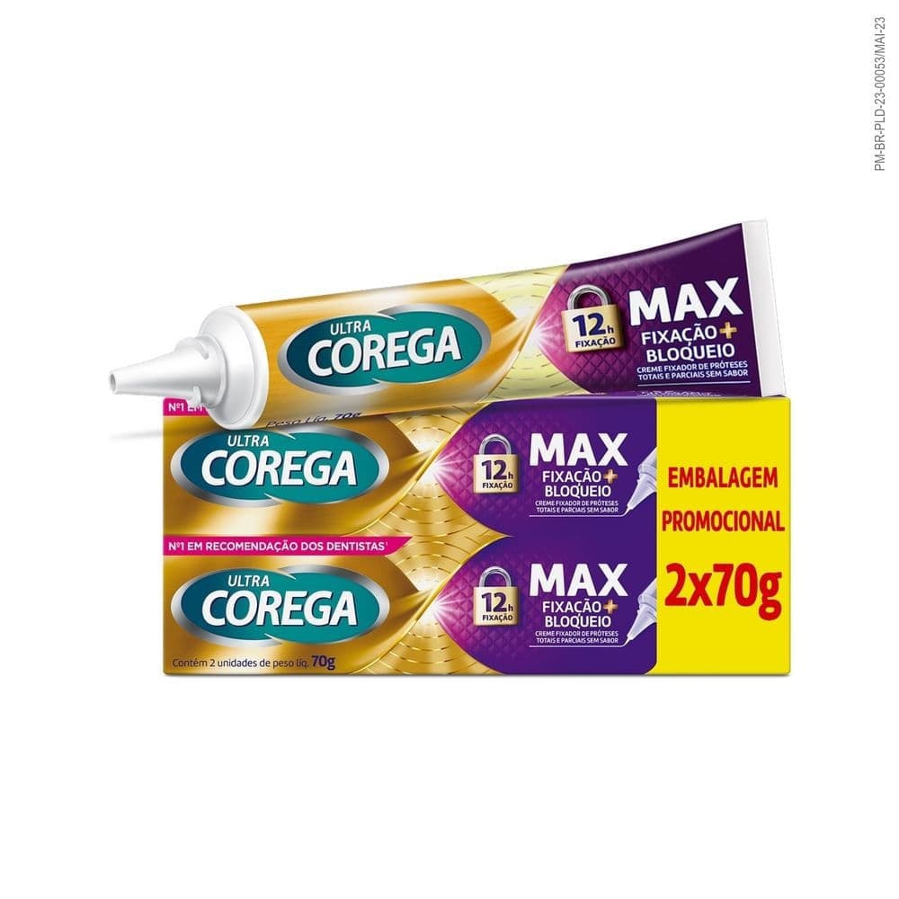 Kit Creme Fixador de Dentadura Ultra Corega Max Fixação + Bloqueio Sem Sabor 2 unidades 70g cada
