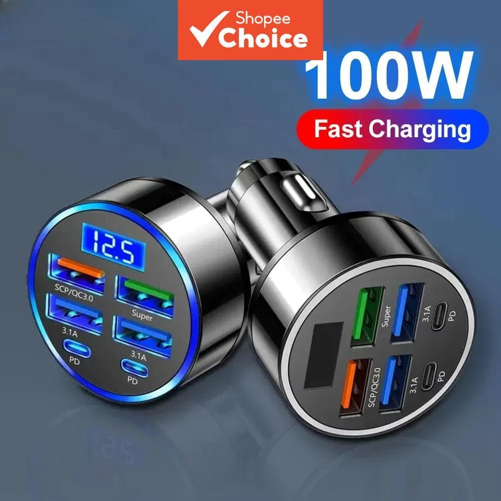  Adaptador de carro de carregamento rápido 6 em 1 3,1A com display digital portátil e dupla entrada Tipo-C