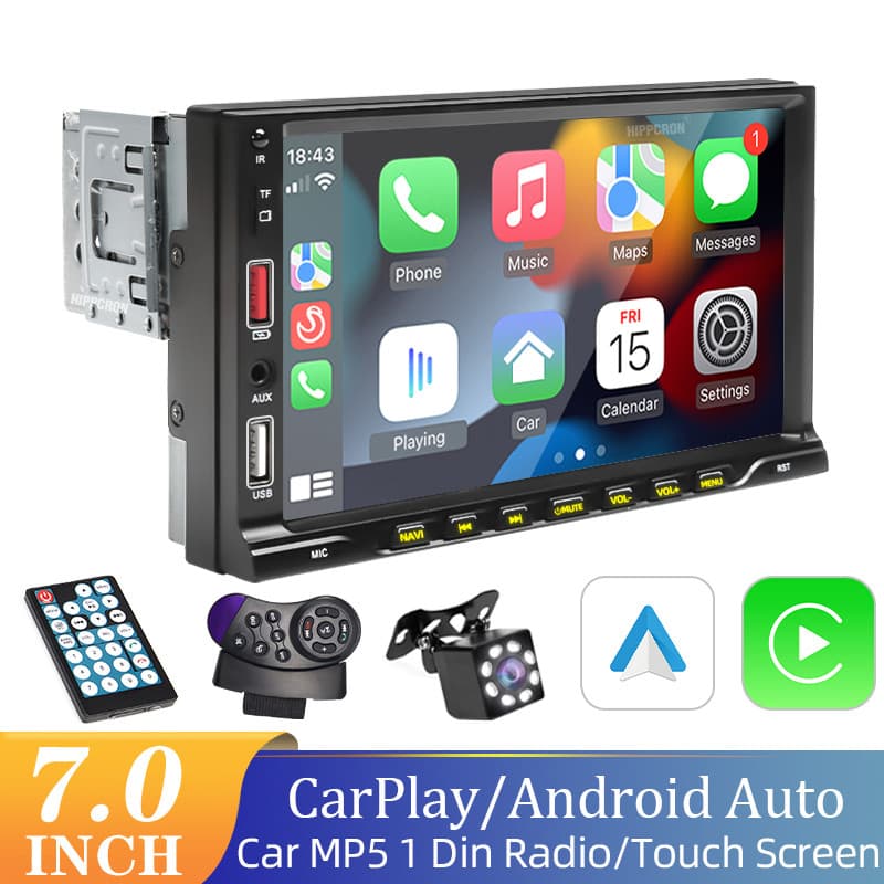 Carplay Multimídia Central 1 Din 7 Polegadas MP5 Bluetooth USB/AUX/TF Mirrorlink Com Tela Sensível Ao Toque