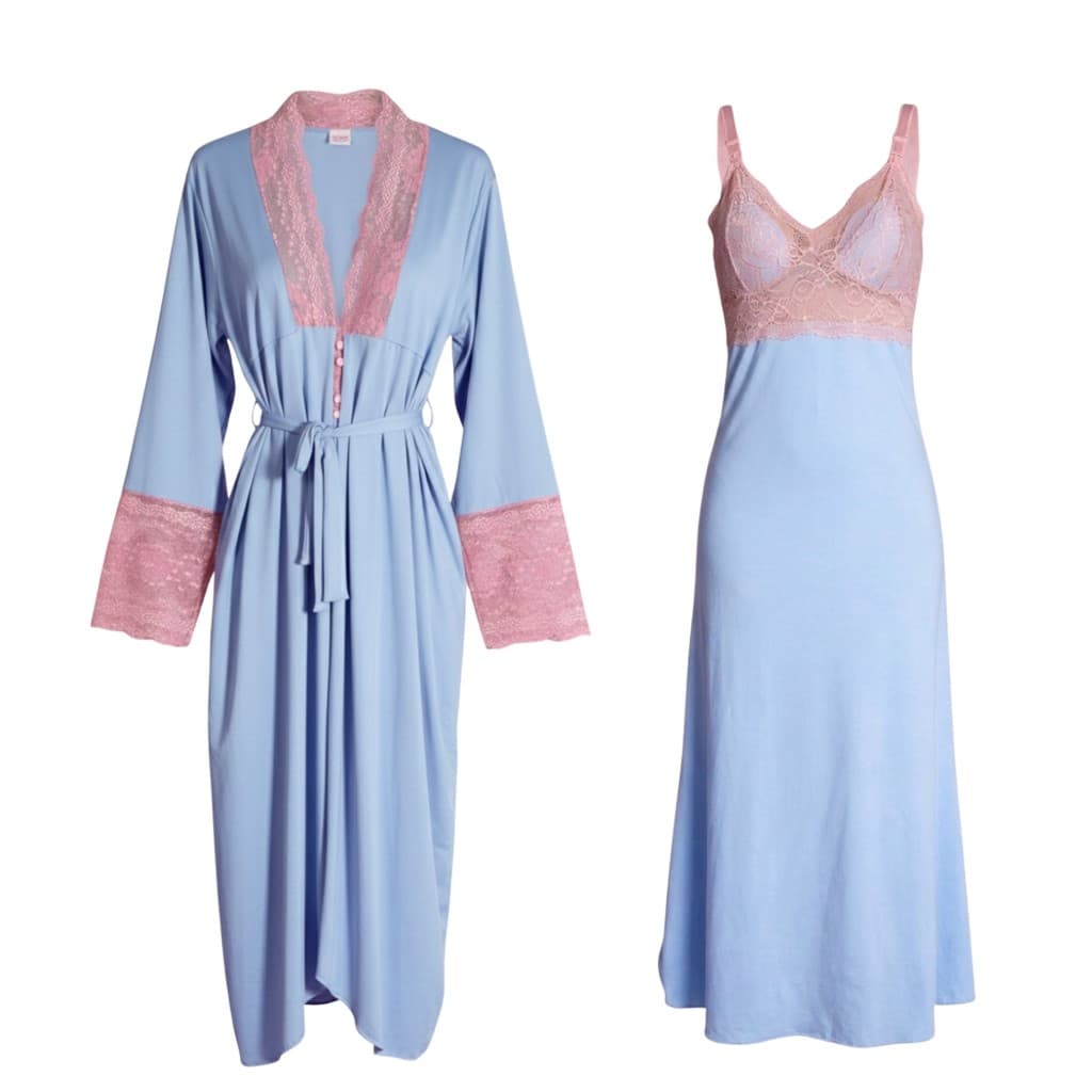 Kit Robe Roupão e Camisola Amamentação Longos Maternidade Recorte Lateral Gestante