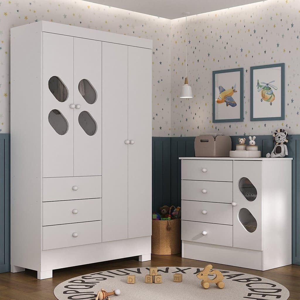 Quarto Infantil com Guarda Roupa e Cômoda Stella Branco