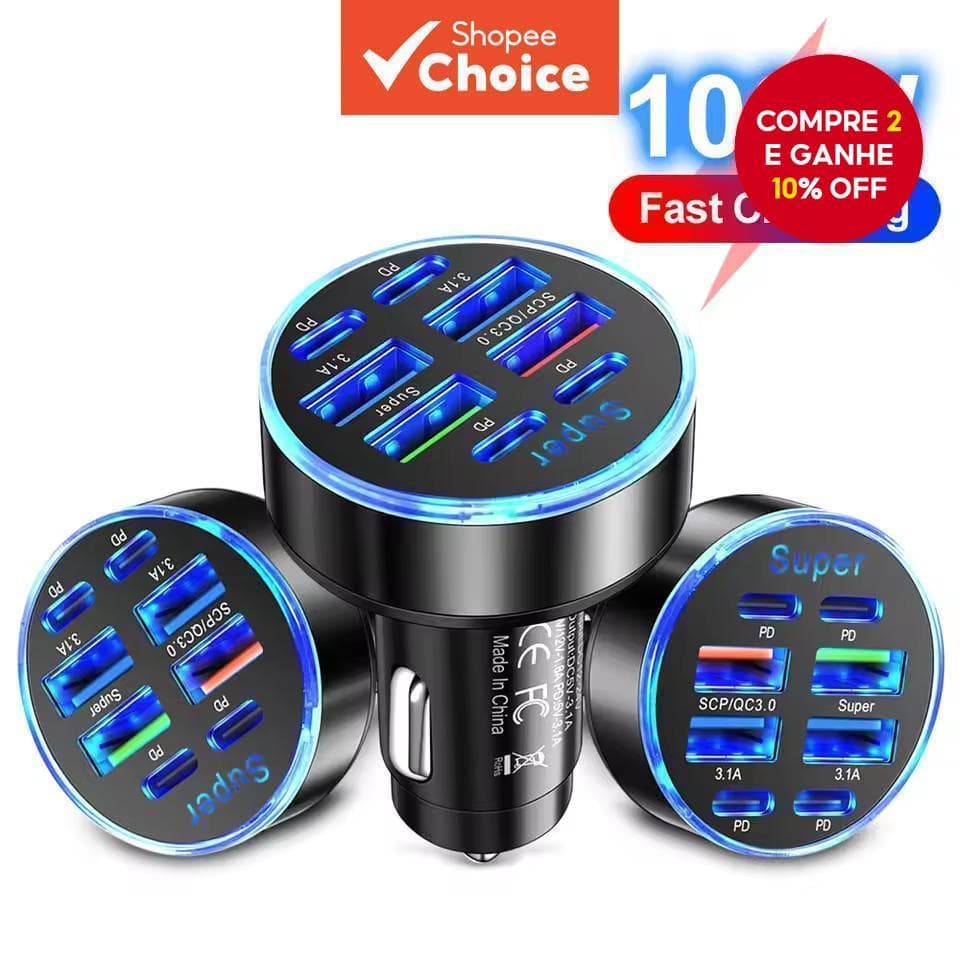  Carregador de Carro 100W 5 Portas Carregamento Rápido PD QC3.0 USB C Adaptador de Carregador de Telefone para Carro Com