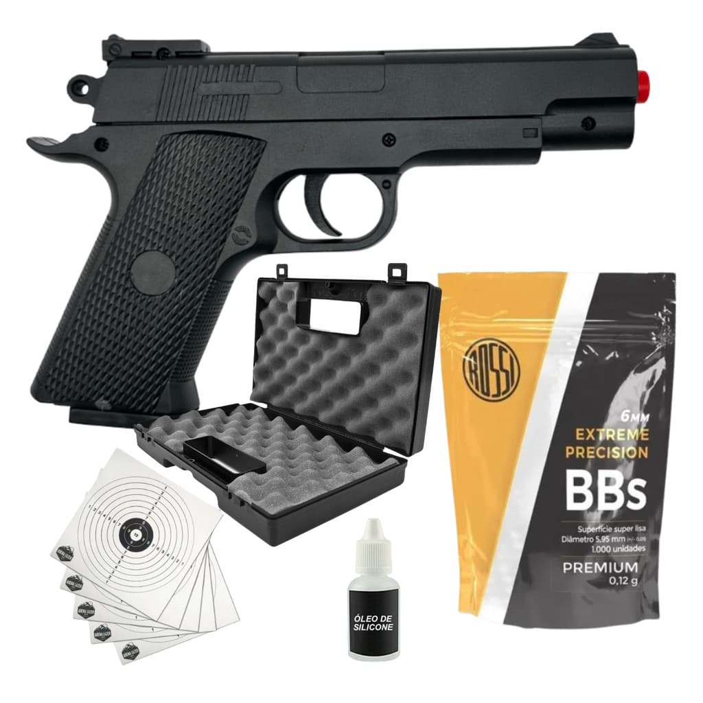 Pistola Airsoft VG 1911 Short V92 Mola 6mm + 1000 Bbs Rossi + Óleo de Silicone + 10 Alvos + Maleta Rígida Transporte