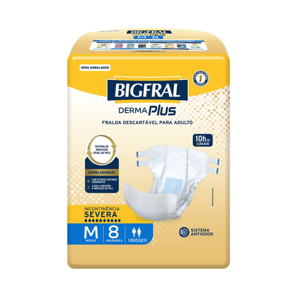 1 Pacote de Fralda Adulto / Geriátrica - Bigfral Derma Plus - Tamanho M – Pacote c/8un- Sistema antiodor