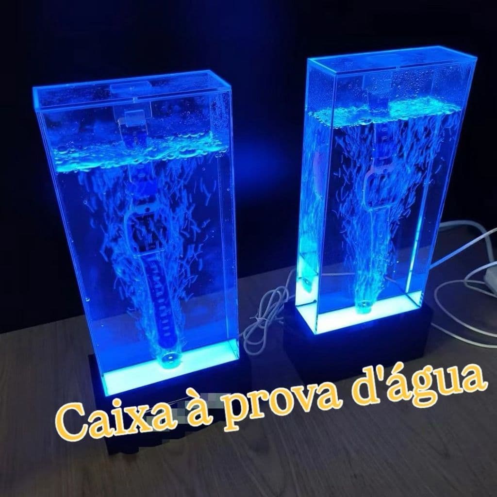 Expositor Iluminado LED Azul Para Relógios Com Teste De Água E Efeito De Bolhas - Vitrine Profissional