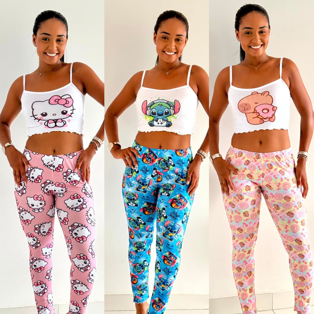 Kit 3 Conjunto Temático Pijama Feminino Sortido Cropped de Alcinha e Calça Longa Estampada