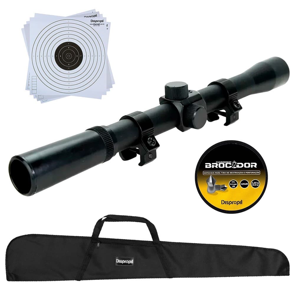 Luneta 4x20 + Chumbinho Brocador 5.5mm + Alvo de Papel + capa 112cm