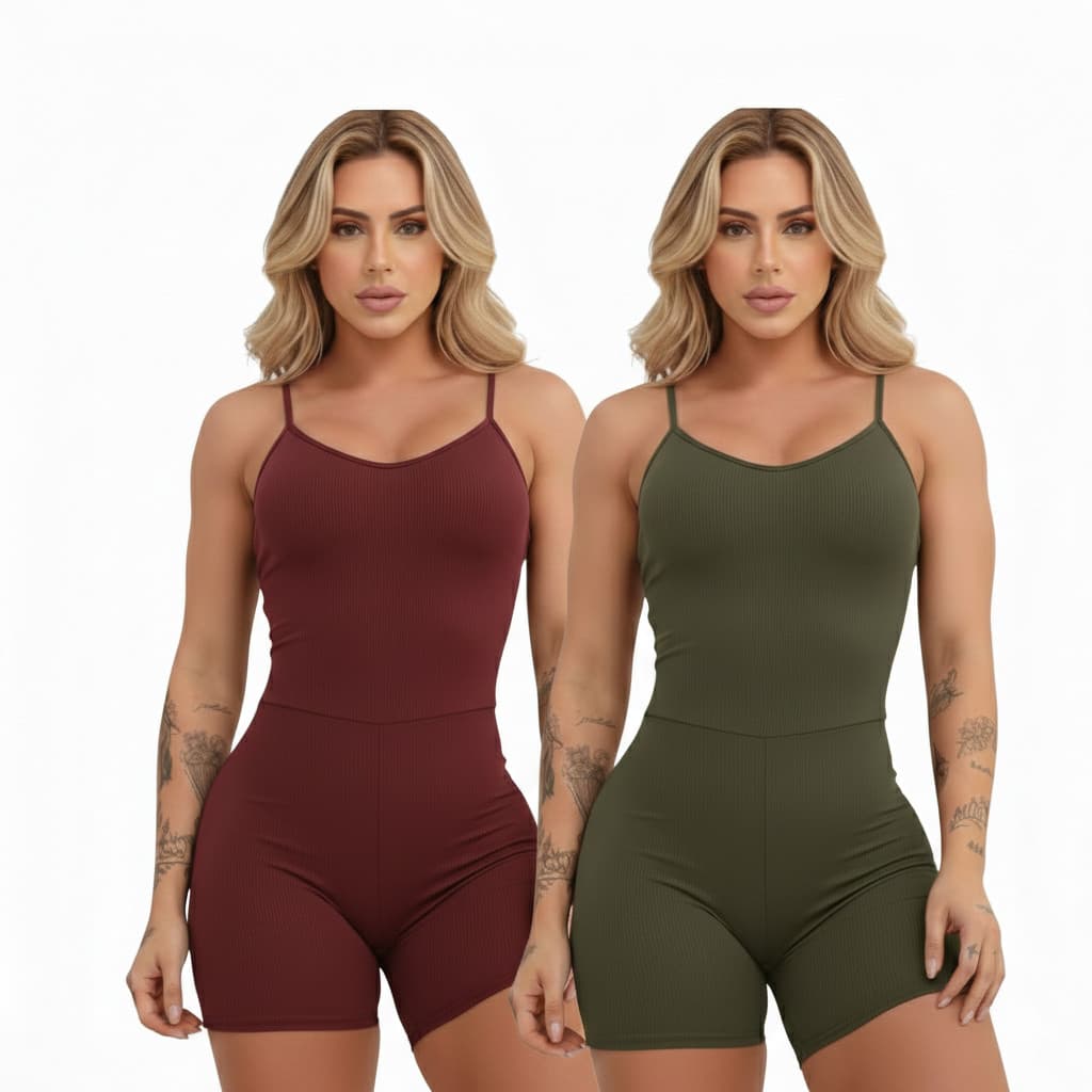 Kit 2 Macaquinho Feminino Anarruga Canelado Premium Zero Transparência Modela Corpo Short Meia Coxa Top P055